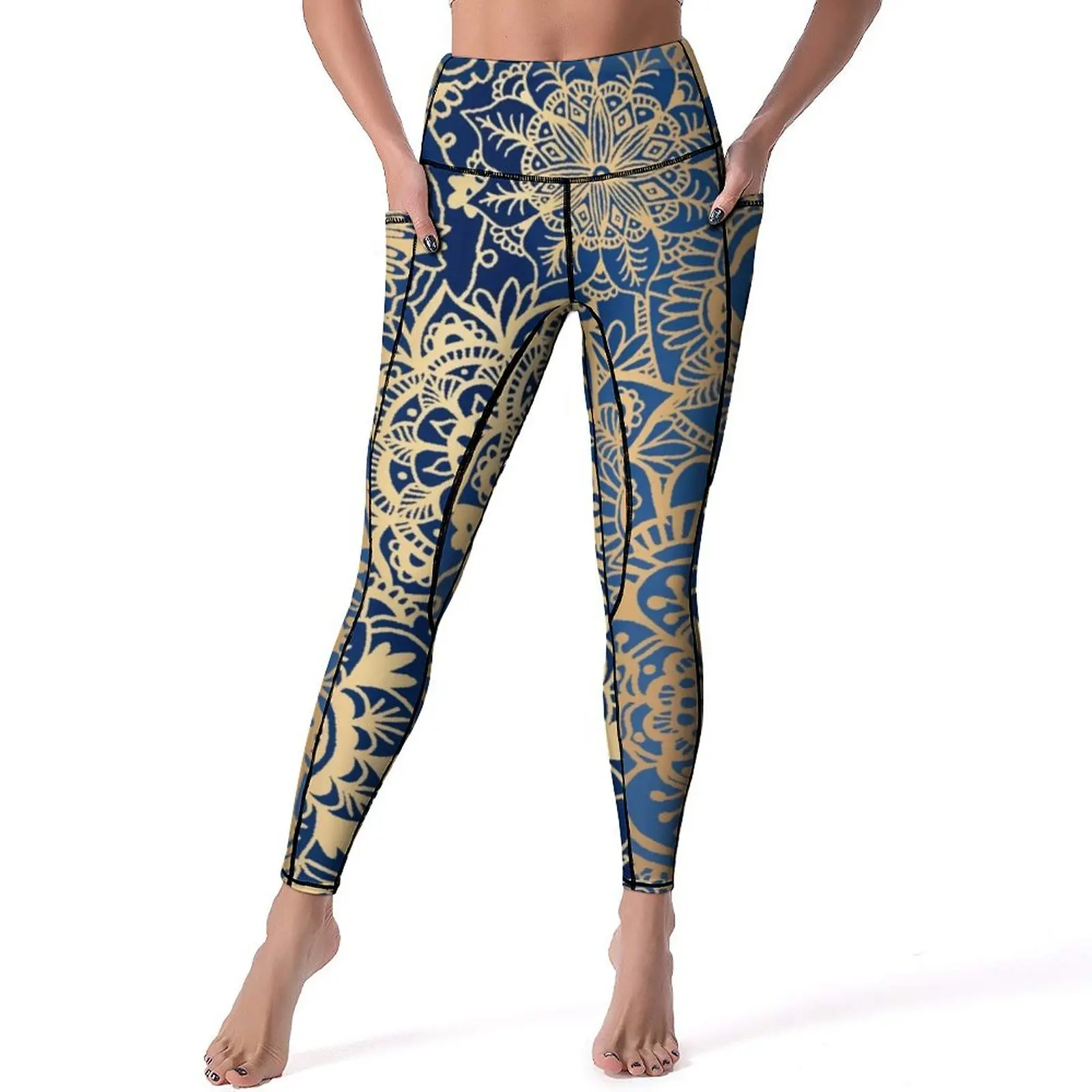 Retro Gold Mandala Leggings Sexy Trendy Bohemian Print Fitness Yoga Pants Push Up Stretch Sport Legging Pockets Novelty Leggins