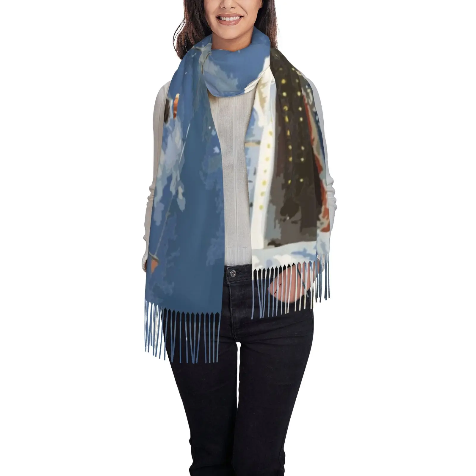 Titanic Ship Print Tassel Shawl Wrap Women Soft Warm Scarf Large Oversized Cape for Daily Wear