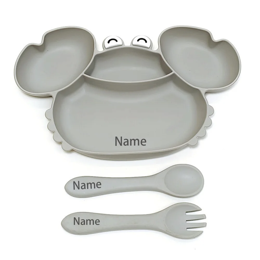 Free Name Printing Children's Tableware Crab-Shaped Plate Fork Spoon Silicone Material Gift for Boys and Girls