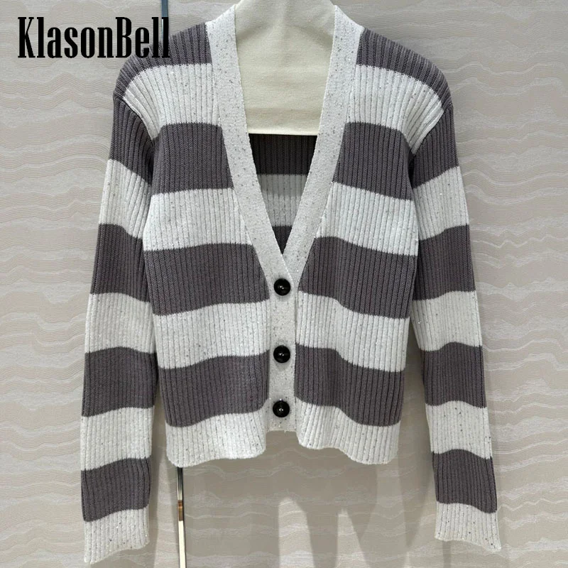 

7.13 KlasonBell Women Vintage Elegant Sequins Striped Knit Coat V-Neck Long Sleeve Cotton Knitted Slim Cardigan