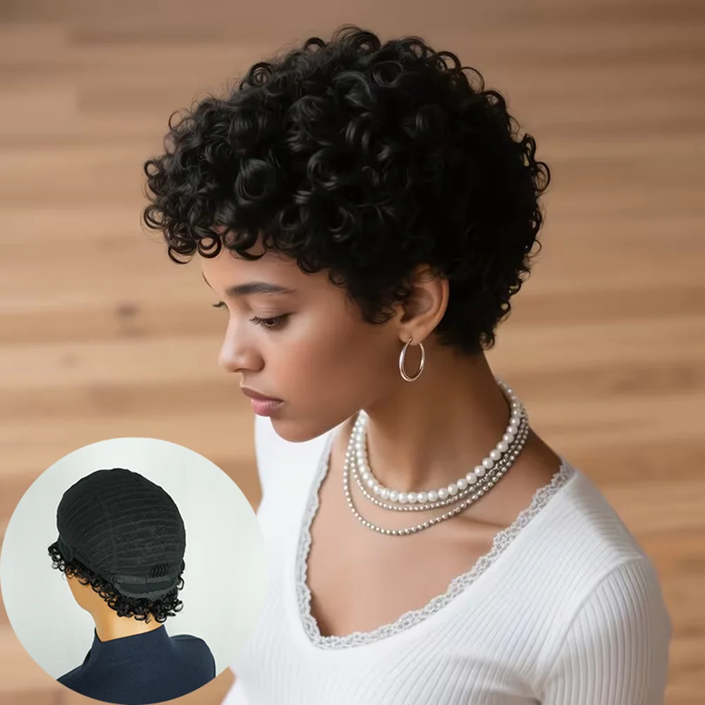 Curly Short Layered Pixie Cut Wig For Women 100% Human Hair Full Machine Made Natural Realistic Tangle-Free Easy To Maintain