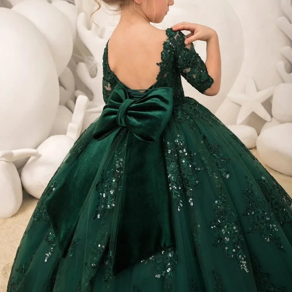 Emerald Green Long Princess Flower Girl Dresses Appliques Bow Tulle Half Sleeve Wedding Party Ball Gown Birthday Pageant Robe