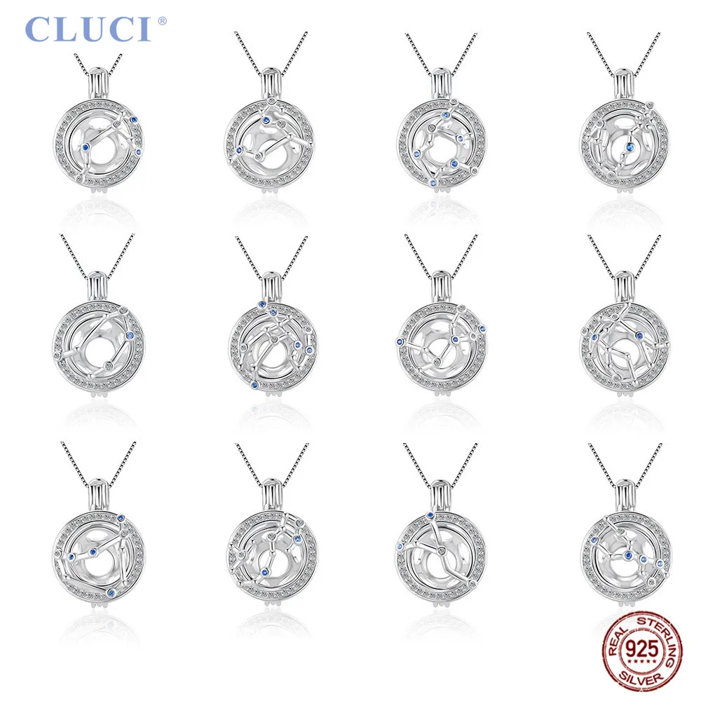 CLUCI 925 Sterling Silver CZ Classic Twelve Constellations Necklace Pendant DIY Pearl Charms Cage Pendant Fitting SC475-SC486SB