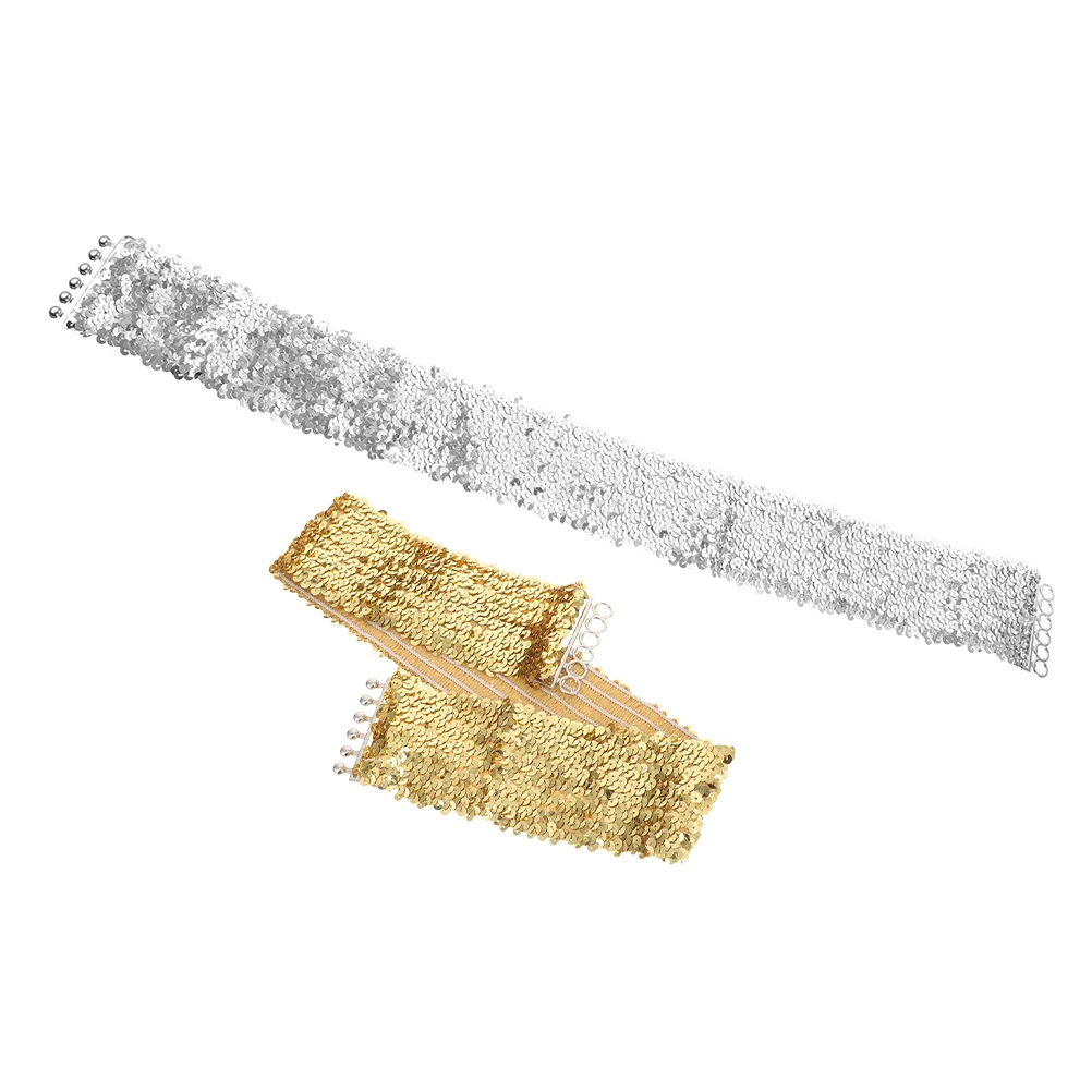 

2pcs Flashy Sequin Elastic Waist Belt Wide Glitter Stretchy Dance Performance Cincher For Party Prom Dress Costume Accessory