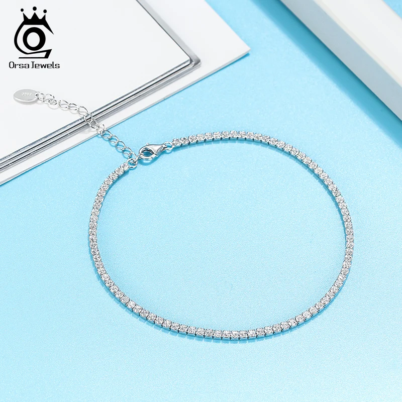 ORSA JEWELS Fashion S925 Silver 2mm Tennis Chain Anklet Barefoot Adjustable Chain Summer Vintage Beach CZ Ankle Bracelet SA03 view 4
