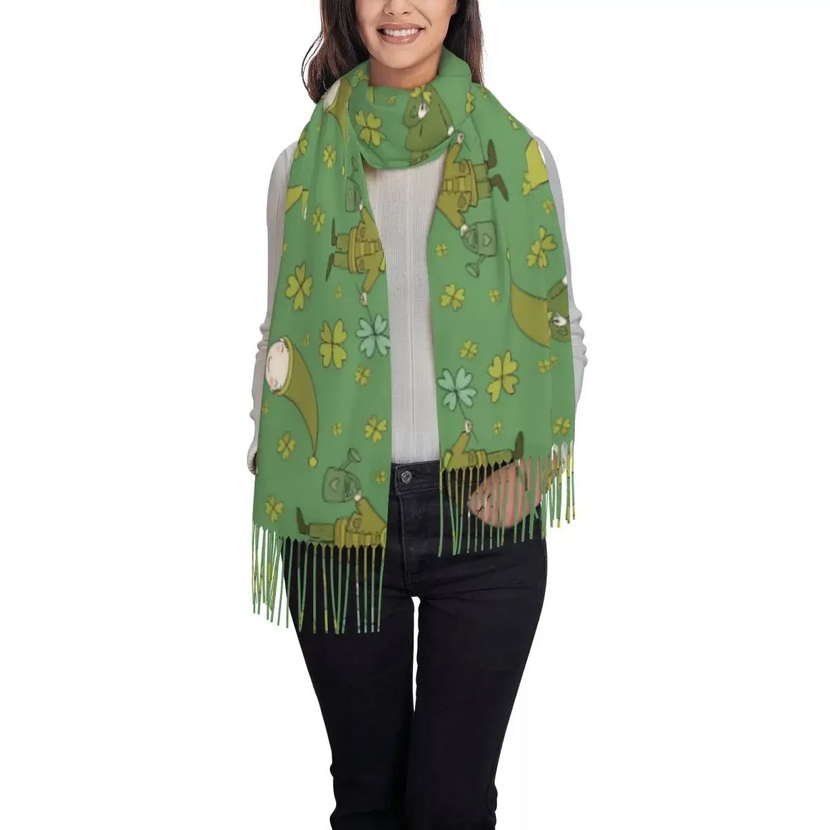 Female Scarf Warm Soft Shamrock Leaf Elf Scarves Wraps with Long Tassel St. Patrick's Day Shawl Wrap Autumn Bufanda Mujer