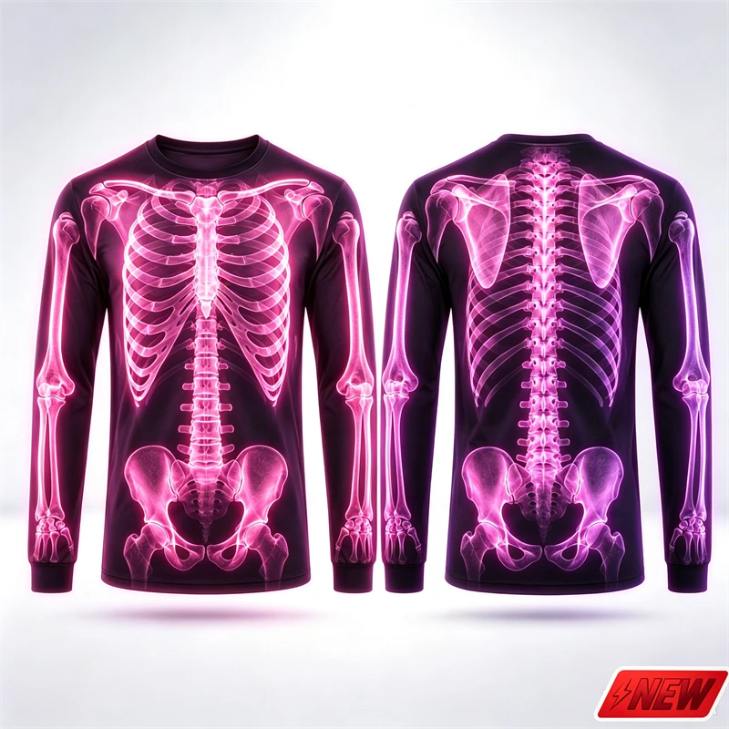 Halloween Cosplay Long Sleeve T‑Shirt Men Neon Colorful Skeleton 3d Print Tee Body Bone Graphic Crew Neck Party Novelty Top