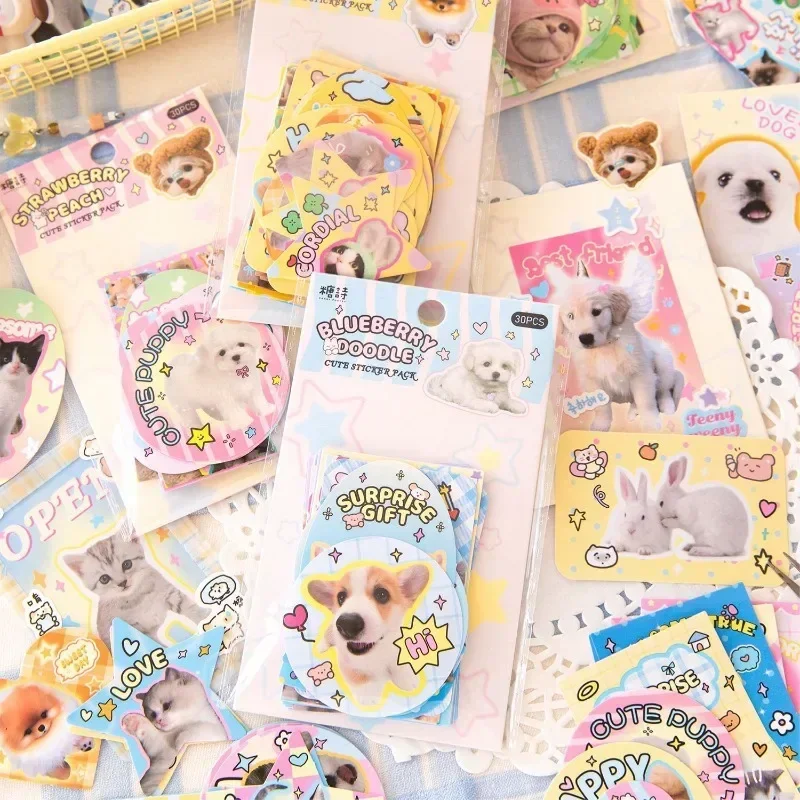 Imagem -02 - Kawaii dos Desenhos Animados Puppy Cat Adesivo Estilo Americano Papelaria Bonito Decoração Faça Você Mesmo Scrapbook Adesivo Suprimentos Estudante 30 Folhas por Conjunto