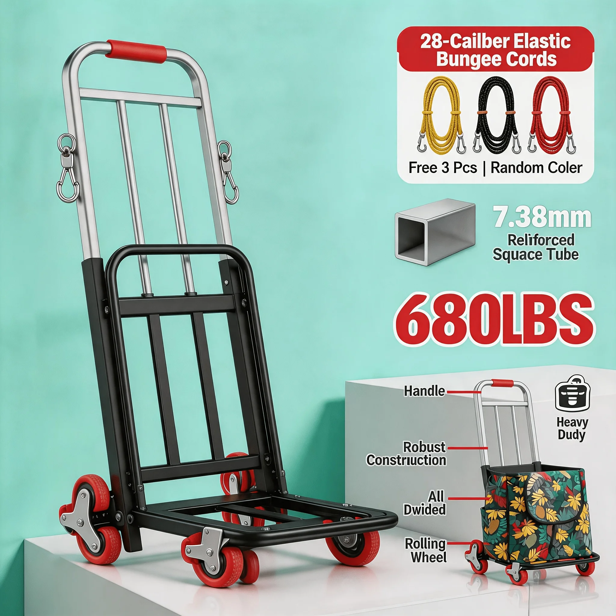 680LBS Capacity Foldable Hand Truck Dolly, Heavy Duty 28mm Steel Frame Portable Moving Cart With 3 Free Bungee Cords, Silent Rubber Wheels Collapsible Utility Trolley For Warehouse Shopping Luggage Boxes Furniture, Lightweight Push Cart For Home Off