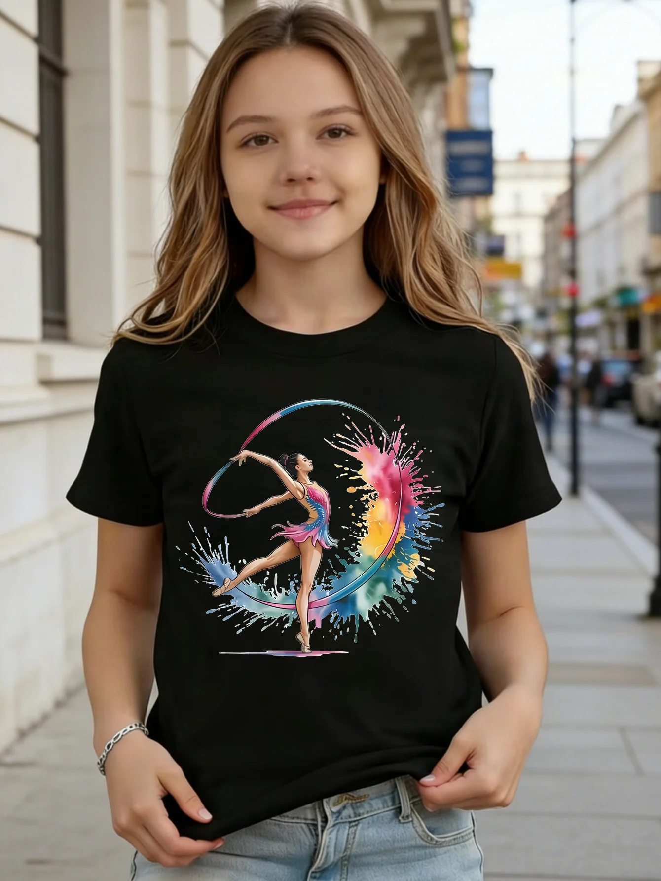 Watercolor Gymnast Girl Kid Tee Ribbon Dancer Sport Graphic Print Boys Girls Family Matching Cotton Short Sleeve Children Tshirt