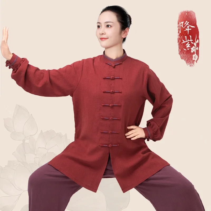 Martial Arts Tai Ji Suit Women's  2025 Cotton and Linen Eight-Section Brocade Exercise Clothing Autumn Winter Thickening Top