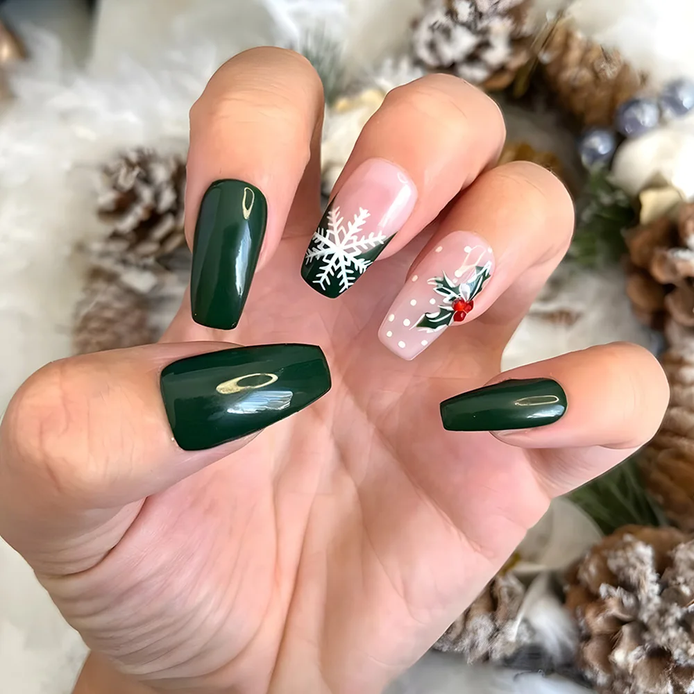 24 stuks kerst medium vierkante druk op nagels met sneeuwvlok kerstman nep nagel glitter Franse streep valse nagel manicure tips