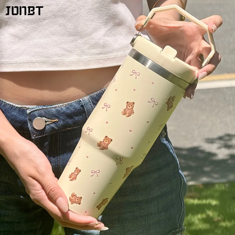 

Термальная бутылка для воды на 30 унций с соломенной ручкой, термос из нержавеющей стали, стакан для горячего кофе, чашка для автомобиля, тренажерного зала, дорожная изолированная термокружка