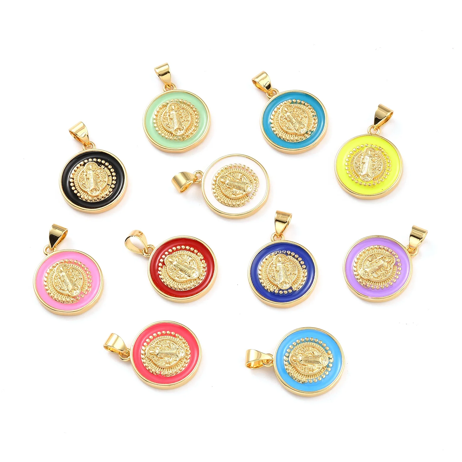 Religion Enamel Pendant Virgin Mary Christian Brass Flat Round Charm Multicolor for Women Men Unisex Necklace DIY Jewelry Making