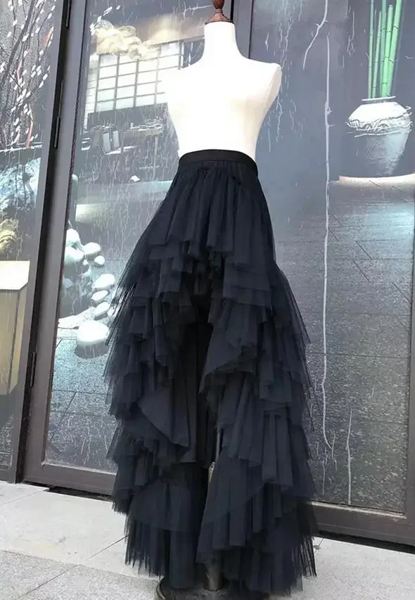 Black Layered Pleated Dress,Front Short Back Long Tail Style,Princess Beach Photo/Activity Mesh Skirt tulle skirt