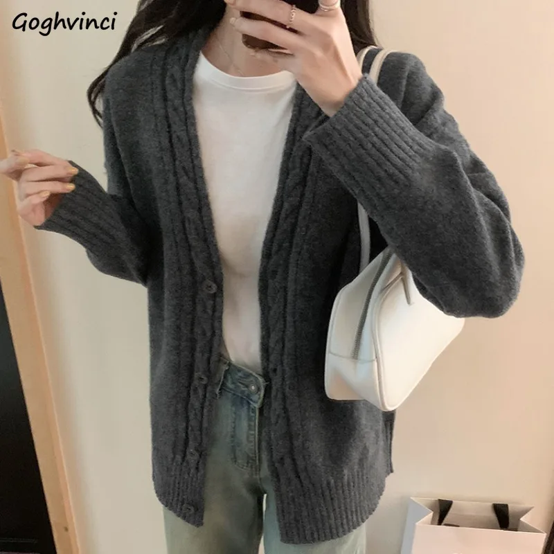 Cardigan Women Streetwear Simple Ins Soft Loose Fit All-match Korean Fashion Autumn Winter Coats V-neck Jacquard Temper Sweater