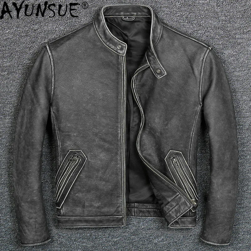 AYUNSUE-Chaqueta de Cuero auténtico para Hombre, abrigo Vintage de piel de oveja, de talla grande, 1805