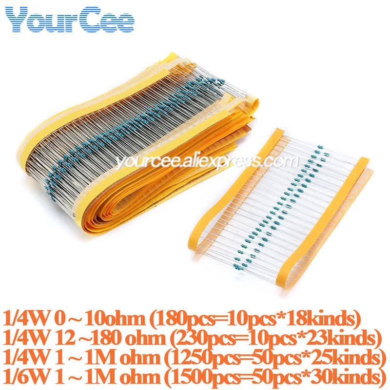 180pcs-1500pcs 1/4W 1/6W Metal Film Resistor 0-10R 12-180R 200-4.3K 4.7K-68K 75K-1.8M Resistance Assortment Kit Set Suit DIY