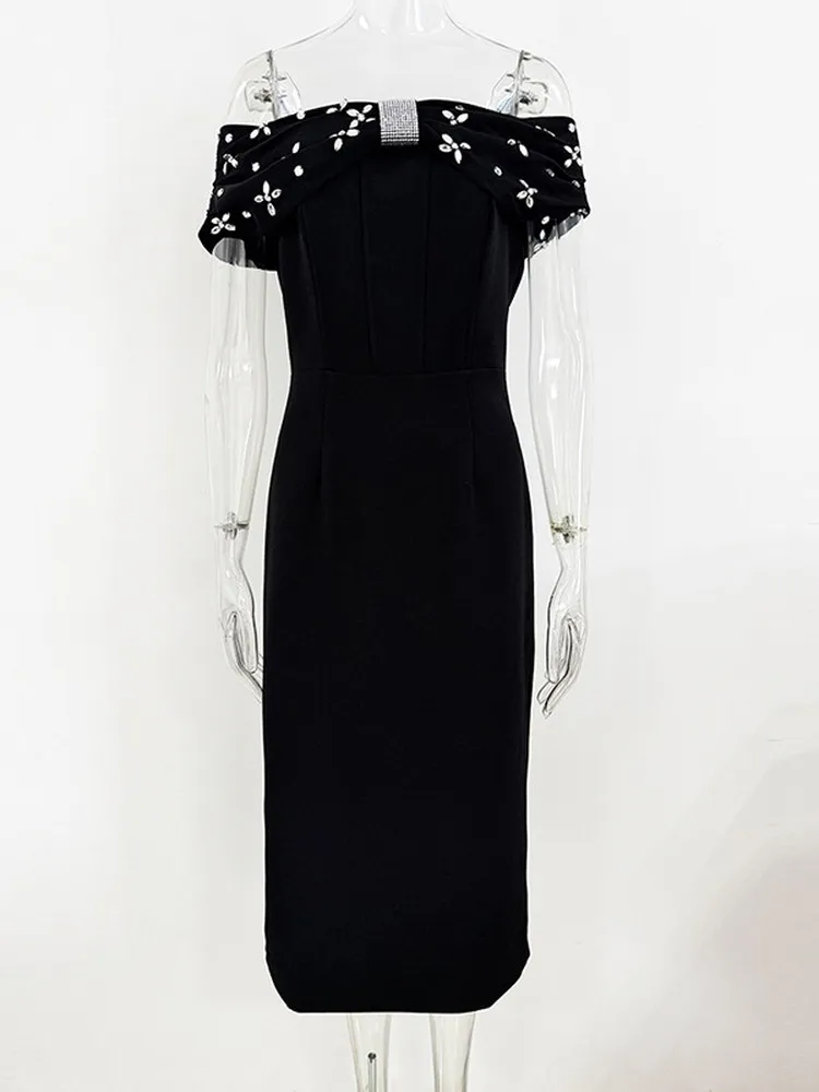 النمط الفرنسي الأنيق الاجتماعي الماس خارج الكتف مثير فساتين طويلة عالية الخصر سليم صالح Bodycon فستان الحفلات المسائية للنساء