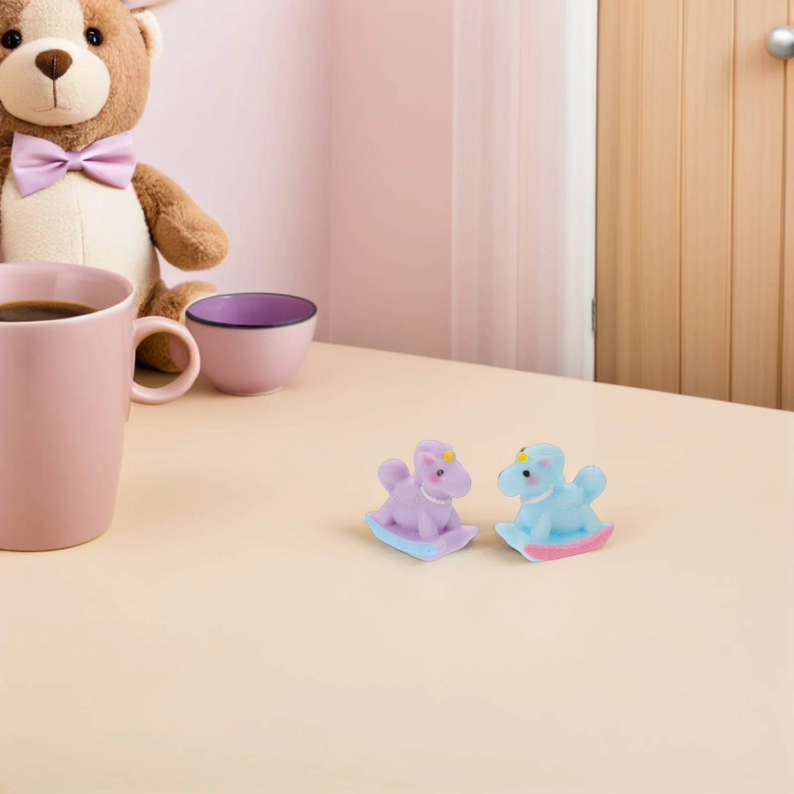 10Pcs Macaron Color Resin Mini Rocking Horse Figurines Miniature DIY Craft Accessories Birthday Cake Toppers Dollhouse Decor