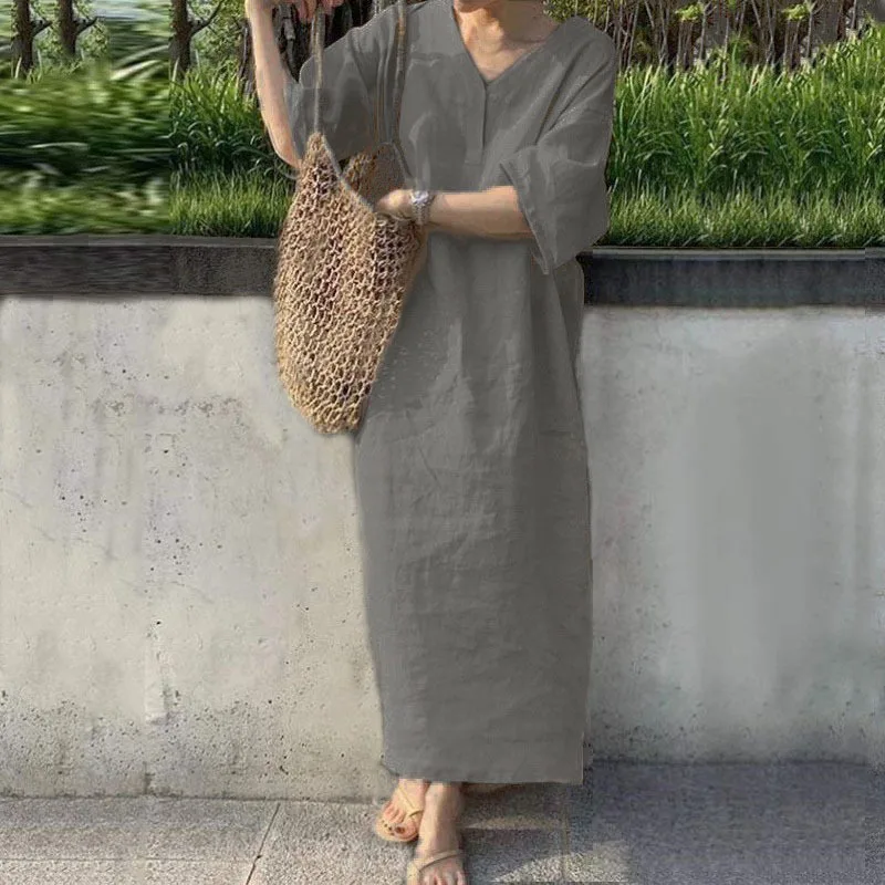 2025 Spring and Summer Women's Dress Cotton Linen Loose Temperament Elegant V-neck Short-sleeved Pullover Skirt