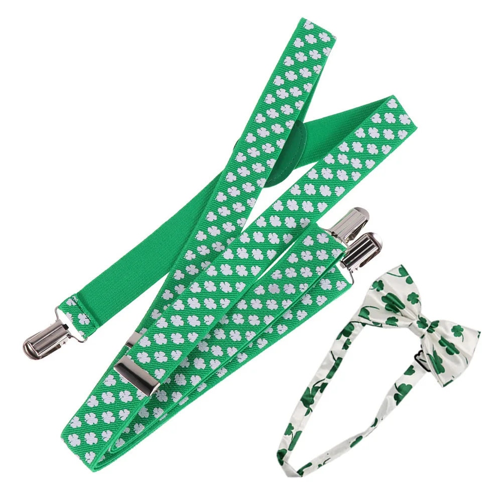 

2Pcs Party Suspenders Bow Tie Set Clover Shamrock Print Dress Up Accessories St Patricks Day Festival Props Shamrock Tie Set