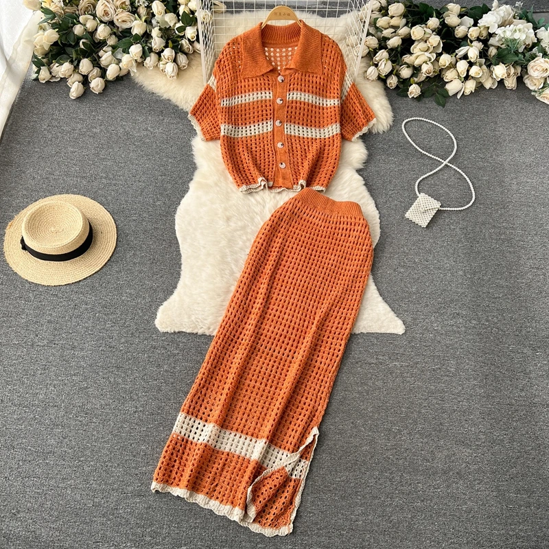 

Korean Spring/Summer Vacation Style Women's Set Flip Collar Short Sleeve Loose Top and Split Half Skirt Two Piece Set