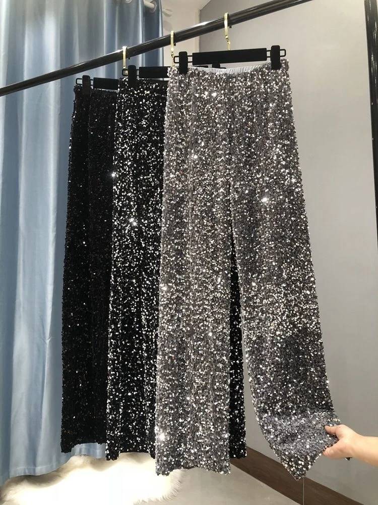 

Autumn Women's Winter Golden Velvet Black Gray Glittering Sequins High Waist Straight Wide Leg Pants