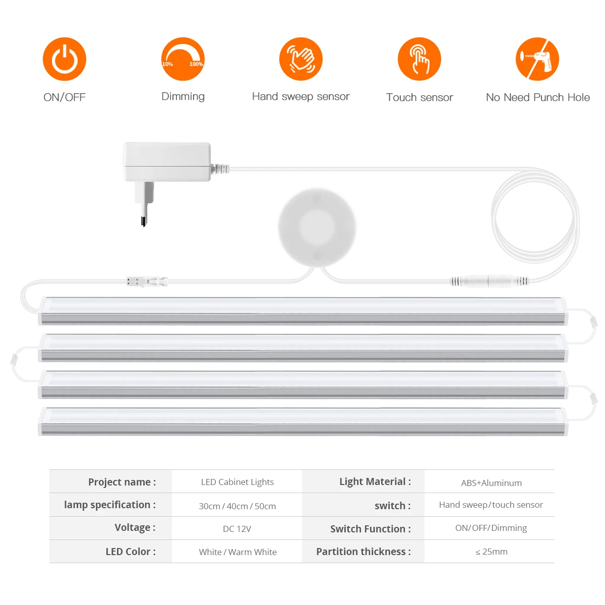 Penetrable Wood Touch Sensor Dimmable LED Lights Motion Sensor Under Cabinet Kitchen Light Aluminum Bar Lamp Wardrobe Shelf Deco