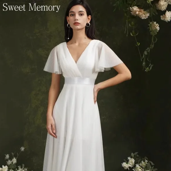 M3147 Sweet Memory Fashion White Wedding Dresses V-NECK Long Party Robe Fashion Women's Evening Gowns Floor Length Prom Dress
