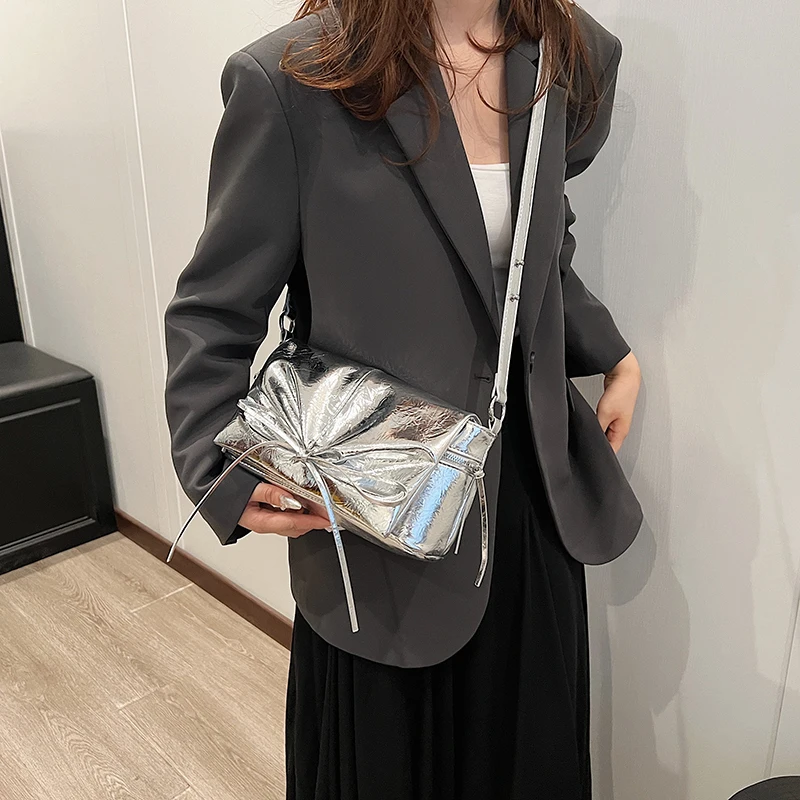 LEFTSIDE Small PU Leather Underarm Bags for Women 2024 Y2k New Korean Fashion Shoulder Bag Lady Silver Handbags Crossbody Bag