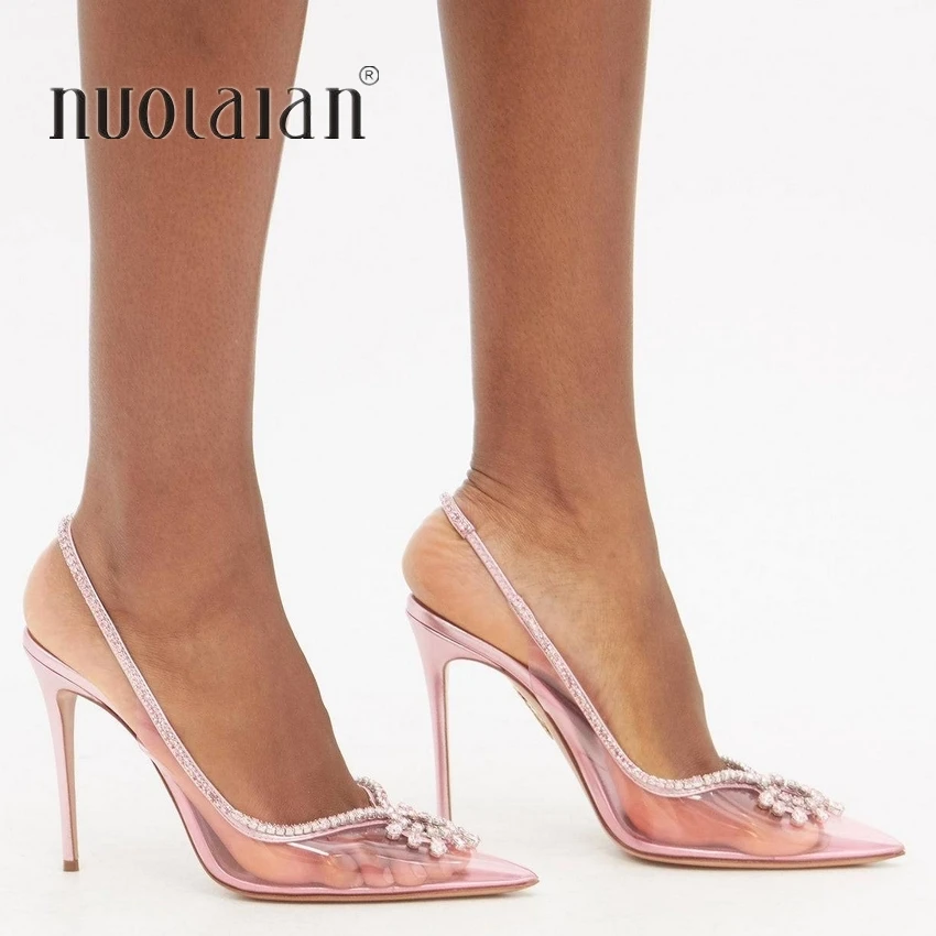 2023 Fashion PVC Transparent Women Pumps Sexy Rhinestone High Heels Pointed Toe Wedding Prom Sandals Summer Shoes Woman