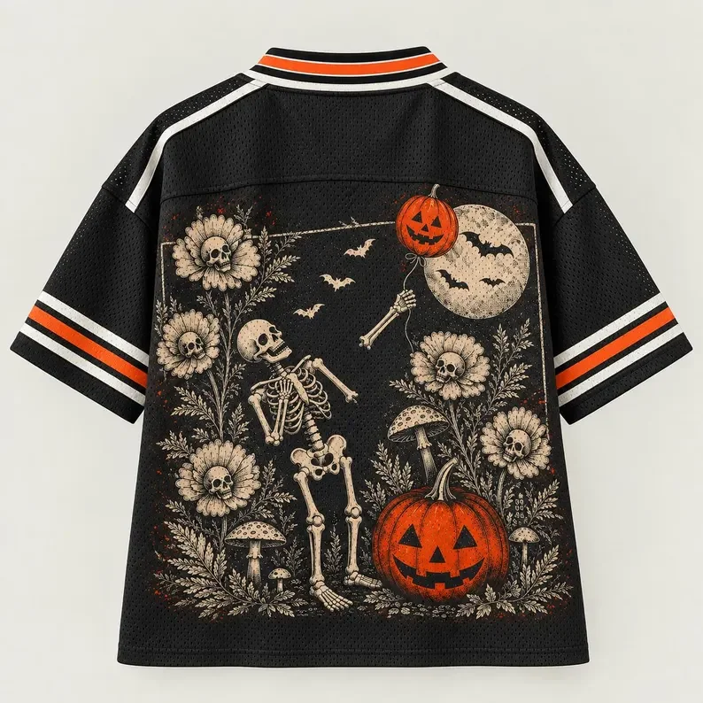 Halloween Skeleton Pumpkin Sweatshirt V-neck Mesh Short Sleeve Flower Skeleton Bat Moon Printed Gothic Party Sports T-shirt