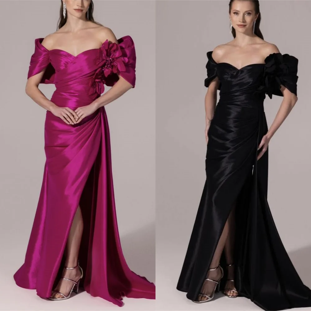 

Customized Modern Satin Evening Dresses Exquisite Off the Shoulder Flowers Homecoming Dresses Charming Special Occasion Gowns