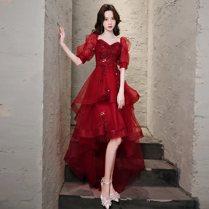 2024 New Wine Red Square Neck Puff Sleeve Toast Bride Temperament Wedding Off Shoulder Evening Dresses Female Vestidos