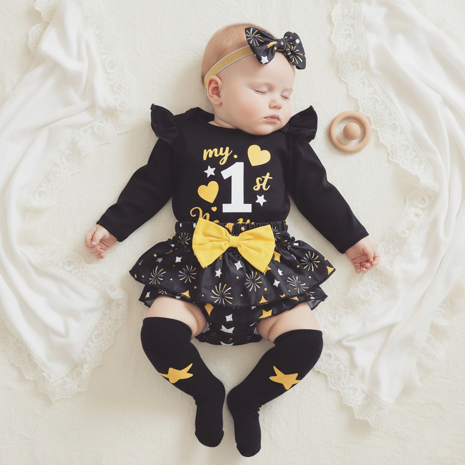 طفلة بلدي 1st السنة الجديدة الزي لطيف كم طويل خطابات مطبوعة رومبير مع كشكش Skort عقال جوارب مجموعات الطفل