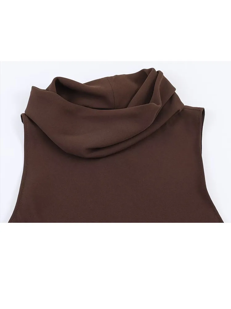 

HH Women's Spring New Fashion Versatile Asymmetric Hem Cowl Neck Top Female Temperament High Street Casual Sleeveless Slim Top