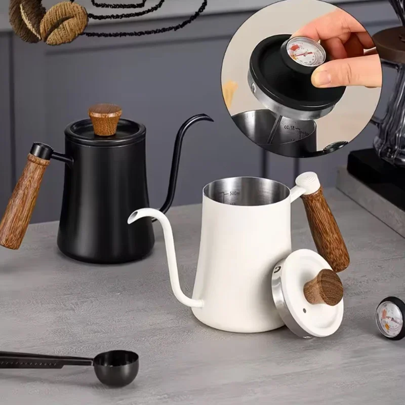 550/600ml Handmade Coffee Pot with 304 Stainless Steel Thermometer Clear Scale Solid Wood Handle High Quality Coffee Utensils