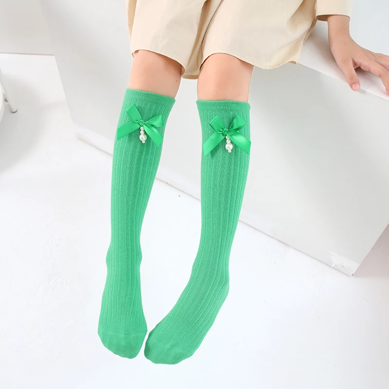 New Student Baby Girls Over The Knee Socks Kawaii Bow Knot Pearl Kids Long Socks Princess Cotton Stripe The Knee High Stockings