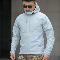 Spring Autumn Soft Shell Tactical Jacket Men Outdoor Climbing Clothes Waterproof Hooded Hiking Jacket Multi-pocket Workwear Coat