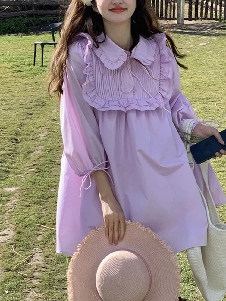 

Korean Chic Girly Kawaii Peter Pan Collar Sweet Lantern Sleeve Dress Sweetheart Girl Next Door Fashion Style Loose Dresses