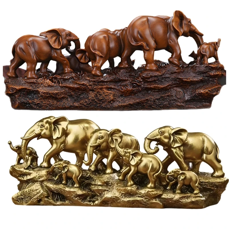 QX2E Elephant Herds With Babies Frgurine Sculpture Desk Decors Elephant Family Statues
