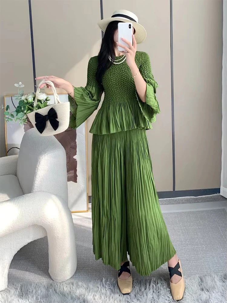 

Women's Suit Solid Color 2 Piece Round Neck Long Sleeve Top + Loose Nine Minute Pants He Suit 2025 Autumn Newest костюм