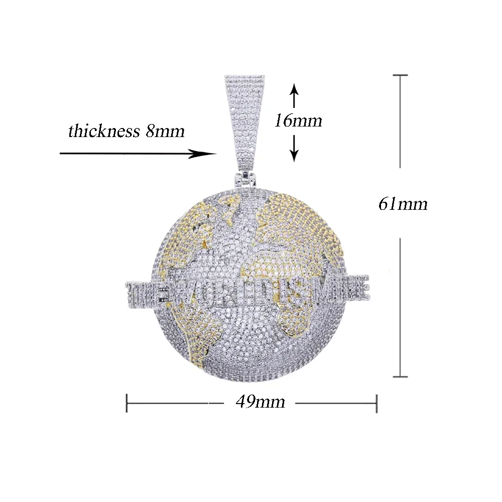 2026 Newly launched men's hip-hop earth map three-dimensional letter inlaid zircon dual color pendant necklace jewelry gift