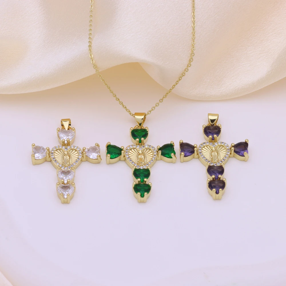 5 pcs/lot Fashion Virgin Mary Heart Cross Pendant Necklace Gold Plated Brass CZ Elegant Collarbone Chain for Women