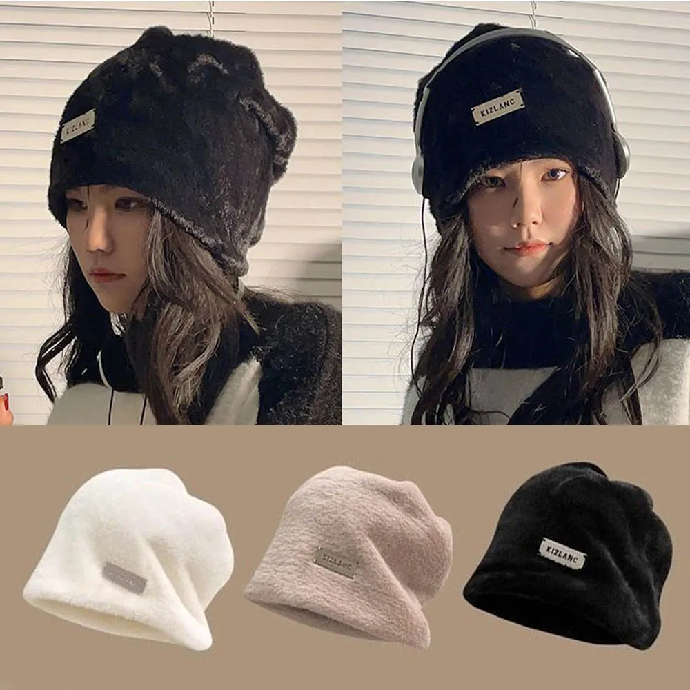 

Cool Plush Beanies Hats For Women Winter Warm Baggy Fleece Wool Skullies Hat Outdoor Coldproof Thicken Caps Female Gorros