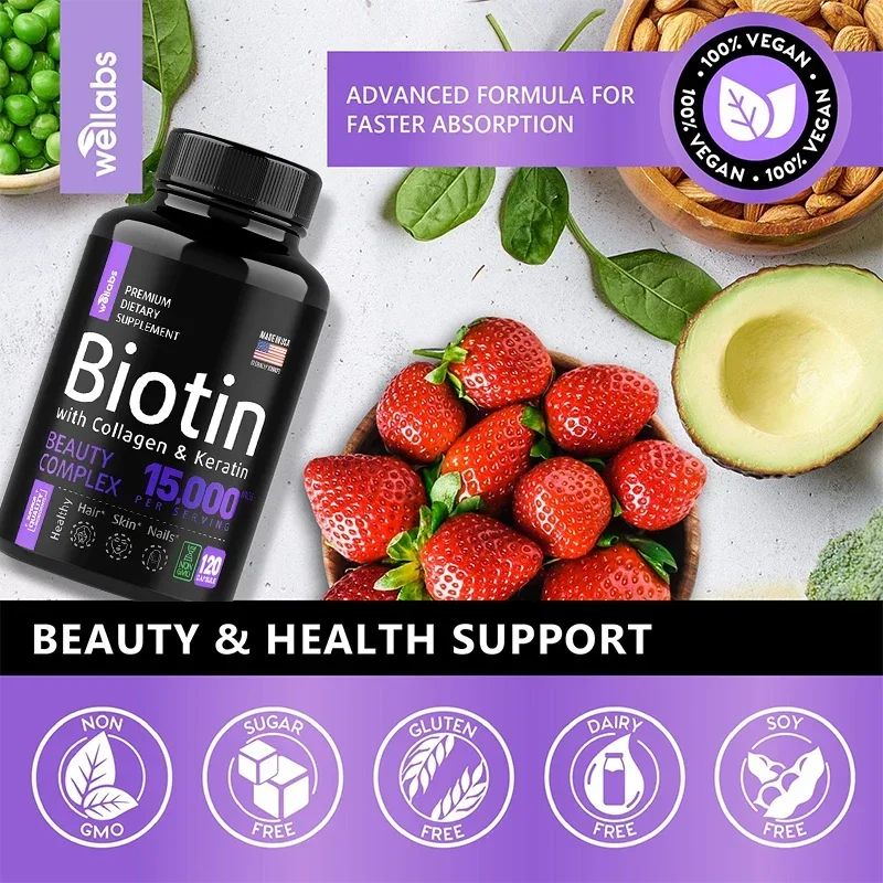 Vitamin Supplements - Biotin and Collagen Capsules Energy Boost Hair Growth Strong Nail Repair Skin Health Adult Beauty Care