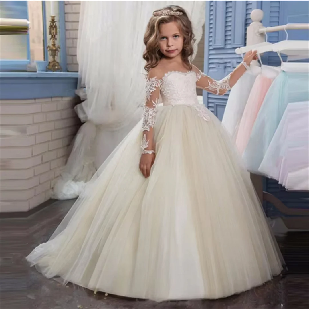 Maßgeschneiderte Blumenmädchenkleider Hellrosa Tüll Weiß Applikationen Langarm für Hochzeit Geburtstag Party Heilige Kommunion Kleid
