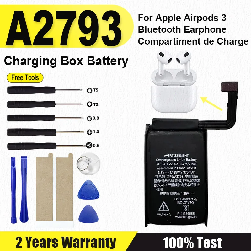 

Высококачественные аккумуляторы A2793, сменный аккумулятор для Apple Airpods 3, Bluetooth-совместитель для наушников, чехол для зарядки + бесплатные инструменты