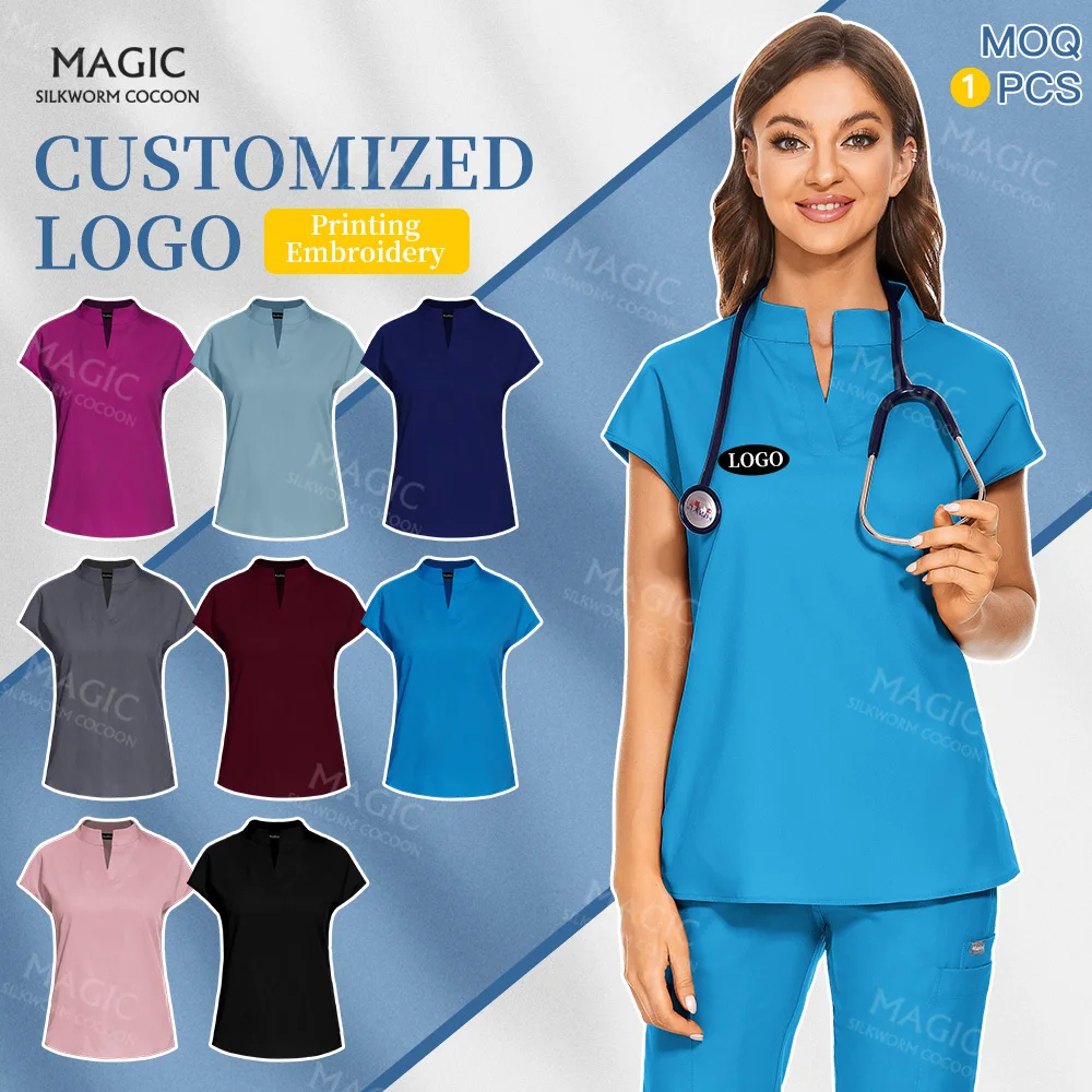 Customized Logo Pet Hospital Veterinary Uniforms Solid Color Doctor Scrubs Work Clothes for Women Surgical Workwear with Pockets